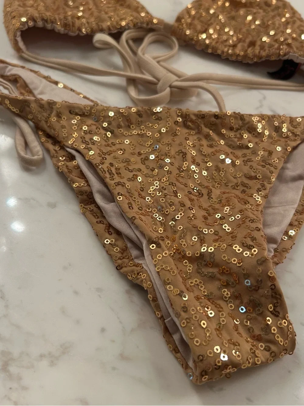 Vintage Y2K Syrup Gold Sequin Triangle Bikini Set
